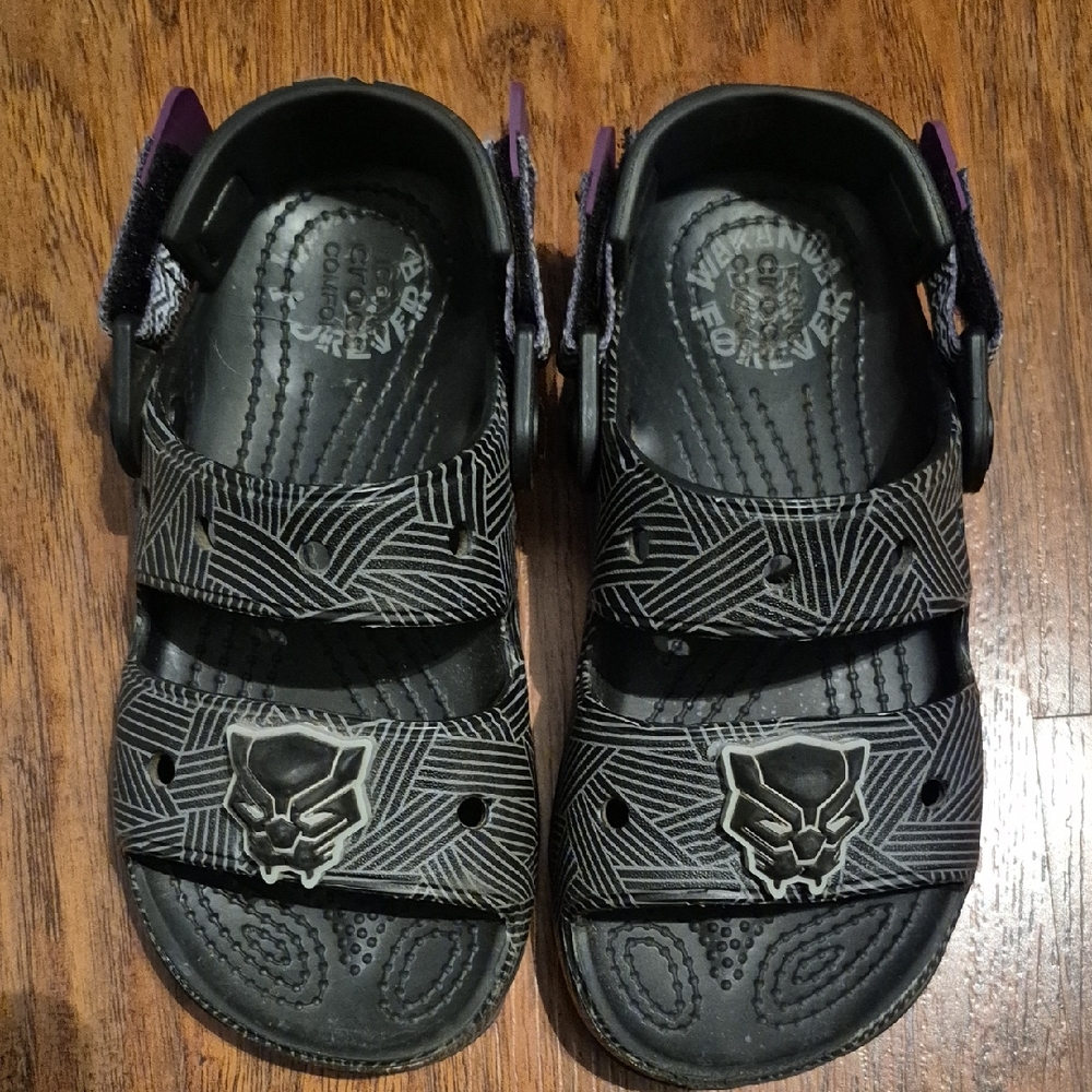 Kids Black Panther Crocs Sandals Size 13